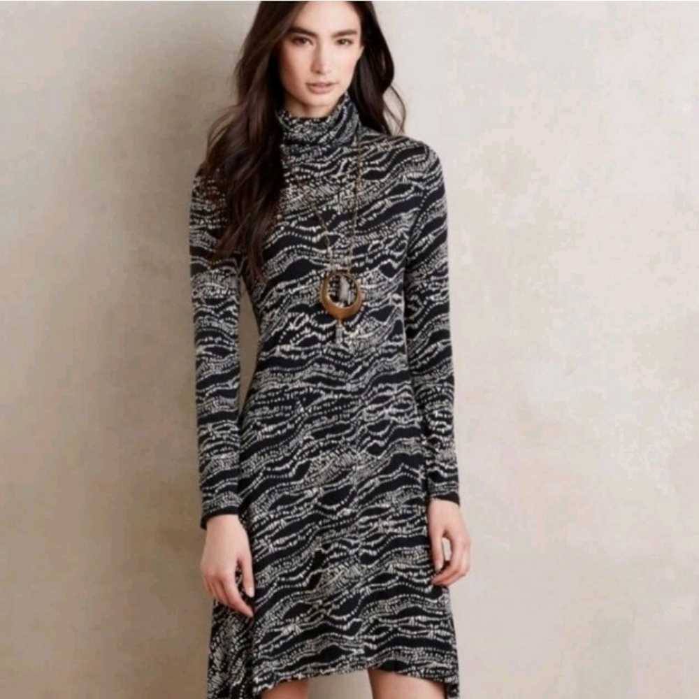 Anthropologie Maeve Myra Long Sleeve Patterned Knit Dress Black Size Medium
